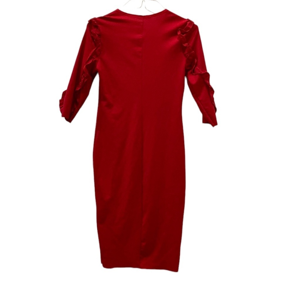 Zara Trafaluc Ponti Di Roma Red Knit Dress Elbow Sleeve Ruffle 3/4 size M - Picture 9 of 14